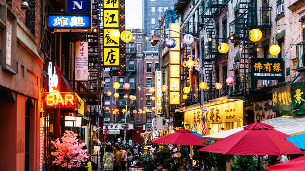 Street, Signposts, Chinese, Lights, Billboards, Lights, Flowers, People, Street, Market, Buildings, Roads, Street lights
