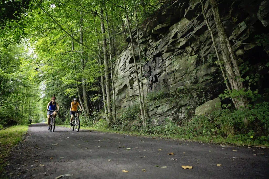 two people biking along a trail 