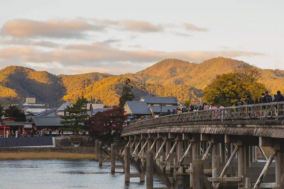 A long wooden bridge leads to an area with mountains and yellow trees in Grand Rapids 