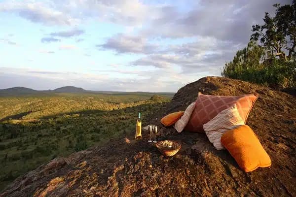 Three different-sized pillows, a bottle of wine, two glasses, and a tray of food, all on top of a mountain.