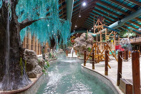 A tree indoors with an indoor pool and a fountain with bright lights and a walking area