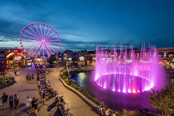 A space with people gathered looking at a colourful fountain water display and a huge ferris wheel lit in purple far behind under the night sky