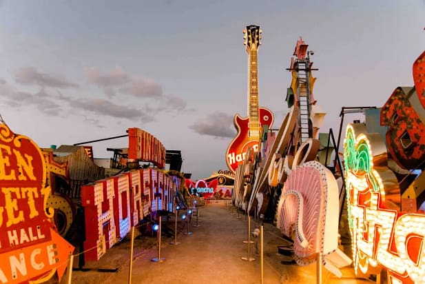 A park with different carved musical instruments at Neon Museum Vegas