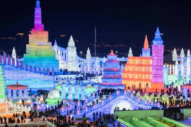 A colourful scene of bright multi-coloured scultures
