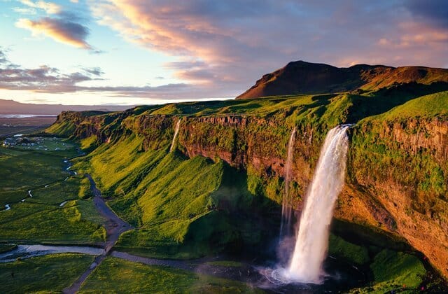 A beautiful waterfall from high lands in Iceland