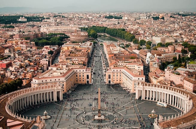 An aerial view of Rome, Italy, with tourists and vast expanse of buildings