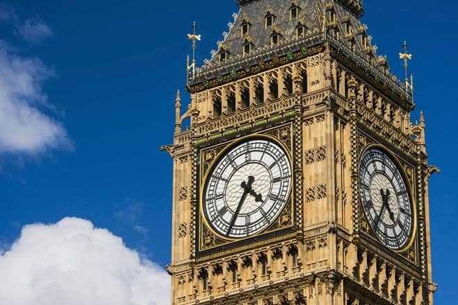 A photograph of the UK-London-Big-Ben Clock showing the light-yellow top of the building housing the clock