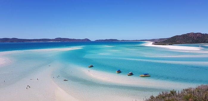 White Haven Beach, Australia, showing a beach with blue waters and boats