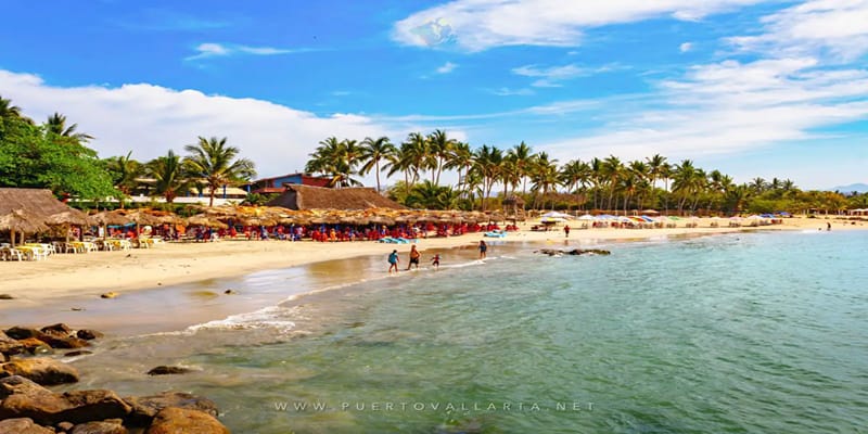Playa La Manzanillera Beach showing blue and white skies, lots of tall palm tress, hots with activities and children playing at the shores.