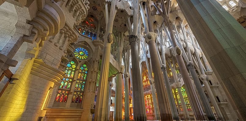 La Sagrada, Familia, Spain showing tall architectural structures inside a building