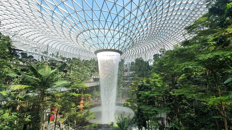 Botanical garden, Flowers, Trees, Waterfall, Modern Architecture, Sky, Glass Roof