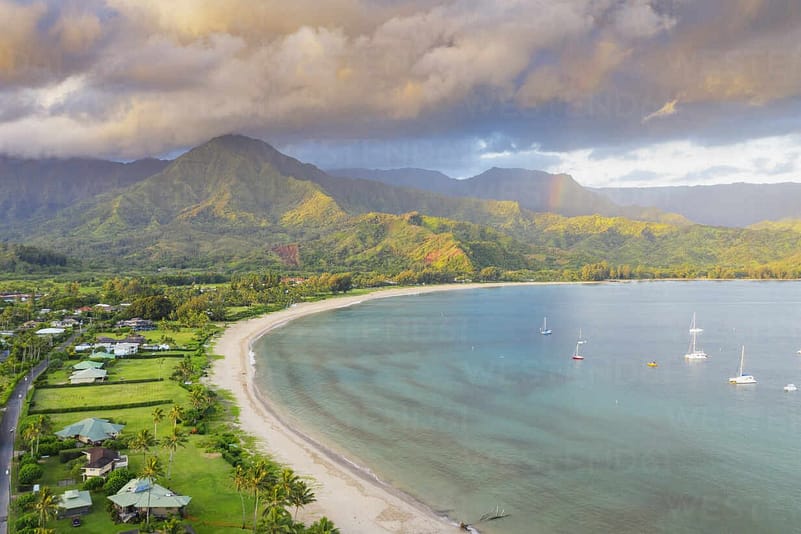 An aerial view of a beach in Hanalei Bay, Hawai, showing mountains with greenery and houses 
