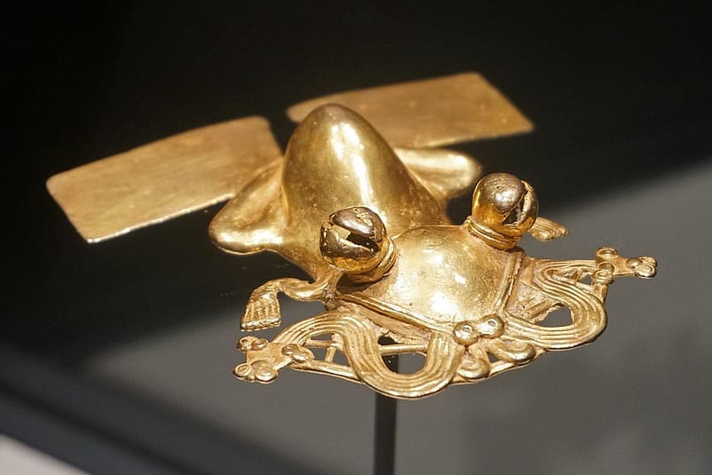 A golden frog displayed at the pre-Colombian gold museum
